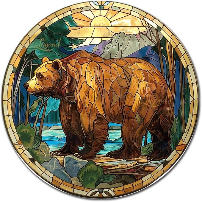 Lygond Metal Sign Tin Sign Circular Stained Glass Bear Home Decor for Patio 12×12 Inches