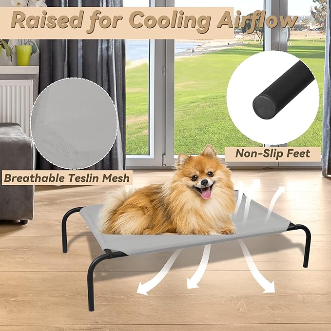 PHYEX Raised Pet Cot for Small Pets, Elevated Dog Bed with Breathable Mesh, Sturdy Steel Frame for Indoor & Outdoor Use, Non-Slip Design, Easy Clean, 33-Inch Grey