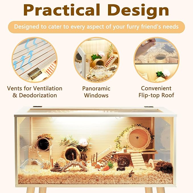 Prolee Hamster Cage Wooden Chew Proof, Extra Large Mice and Rat Habitat Openable Top with Acrylic Sheets Solid Built Small Animal Cage with Leg Stands, 40 Inch Long