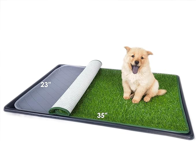 Dewonch Dog Artificial Grass Pad with Tray for Puppy Potty Training, Fake Turf Patch & Washable Pee Pad Pet Loo for Small and Medium Dogs, Indoor or Outdoor Use (Potty System 35.4” x 23.6”)