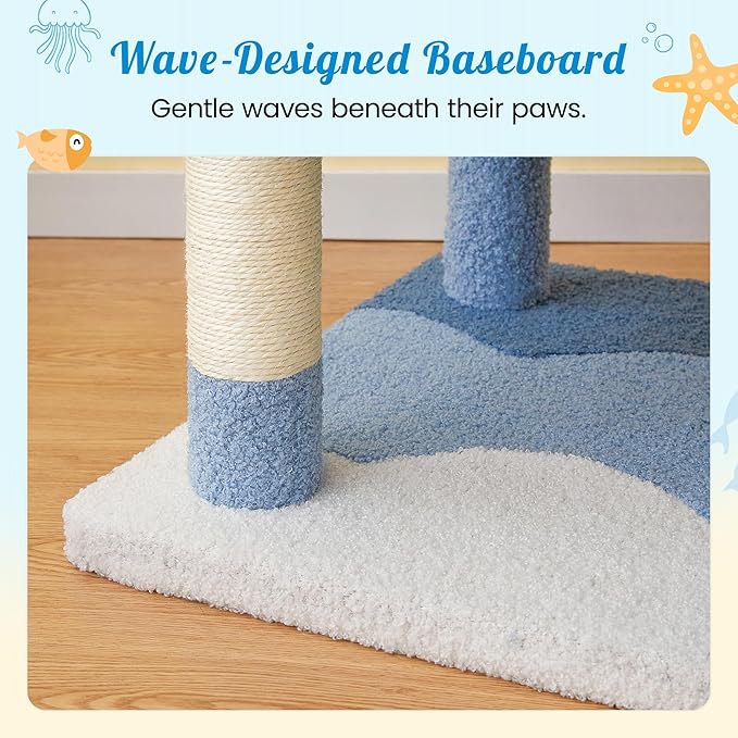 MWPO Ocean-Themed Cat Tree, 70.1-Inch Multi-Level Tall Tower for Indoor Cats, Plush Cat Condo with Big Padded Perches, Sisal-Covered Scratching Posts, Hammock, Toys for Kittens, Blue