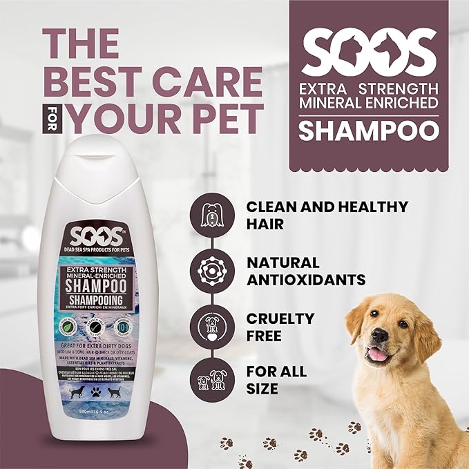 Soos Pet Shampoo Extra Strength Cat and Dog Shampoo Natural Dead Sea Minerals Fast Absorbing - 1x Bottle (500ml)