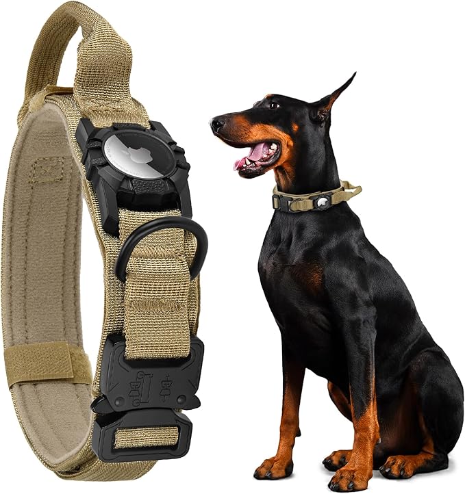 Tactical AirTag Dog Collar - Heavy Duty, Adjustable GPS Collar Compatible with Apple AirTag, with Holder & Control Handle for Medium/Large Dogs [ Brown, L ]