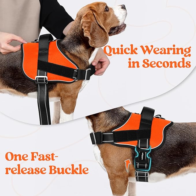 rabbitgoo Dog Harness Medium Sized, Easy On Pet Vest with One Buckle, No Pull Adjustable Service Harness with D-Ring & Handle, Reflective for Safety Walking, Training, Orange, M