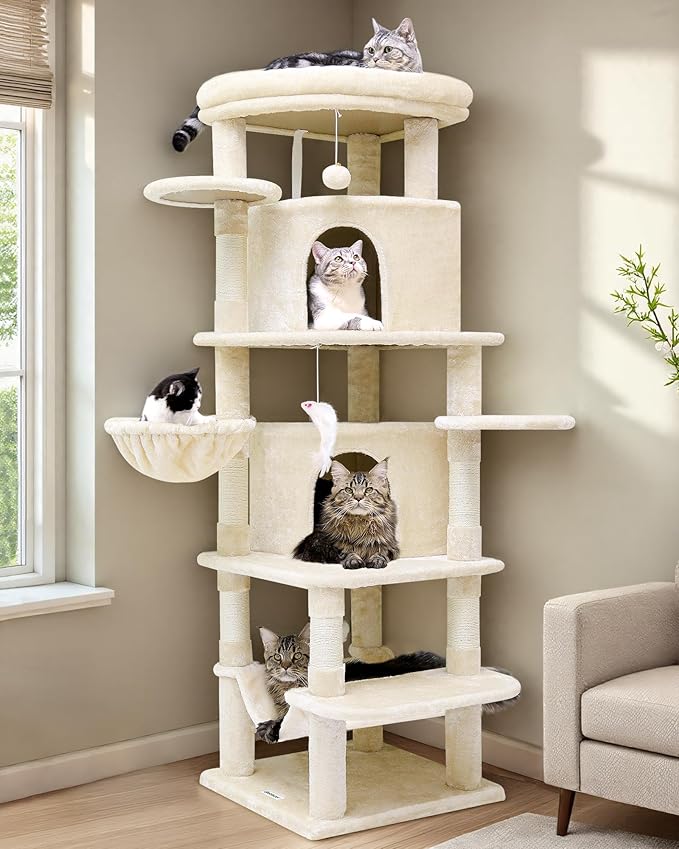Globlazer Corner Cat Tree for Large Cats, 66inch Tall Curved Series Large Cat Tower for Multiple Indoor Cats with 6 Scratching Posts, 2 Spacious Cat Condos, Hammock, Hanging Basket, C66, Beige