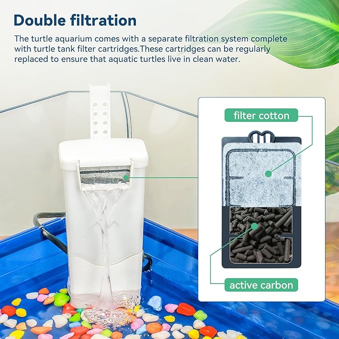 Aquatic Turtle Tank Habitat Kit Stone+Filter+Heat Lamp Enhancing Interaction with 360° Viewing, Standalone Filtration, DIY Creative Zone, Enriched Living (Blue, L[Without Light])