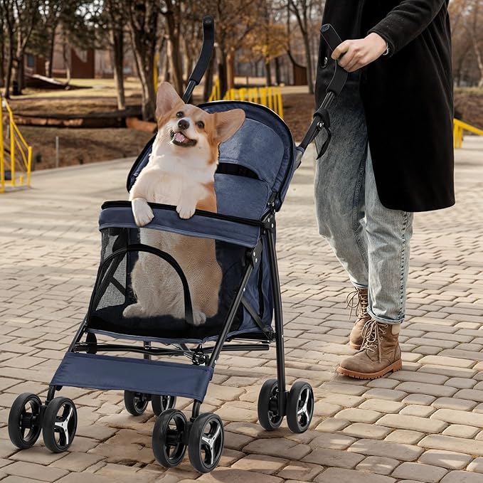 MoNiBloom 4 Wheels Pet Stroller, Easy-Fold Puppy Cage Jogger Stroller with Sun Cover, Pad and Rear Storage Bag, Breathable and Visible Mesh for Small/Medium Pets up to 22 lbs, Navy Blue