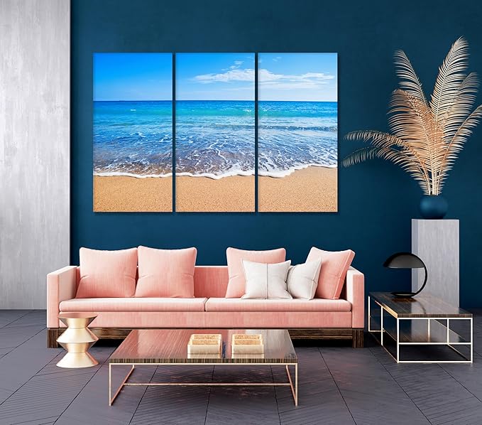 Nature Wall Art Prints - Ocean Forest Mountain Lake Canvas Landscapes - Small to Extra Large Living Room Bedroom Kitchen Bathroom Décor (Sandy Ocean Beach, 39L" x 59W" - 3 Panels)