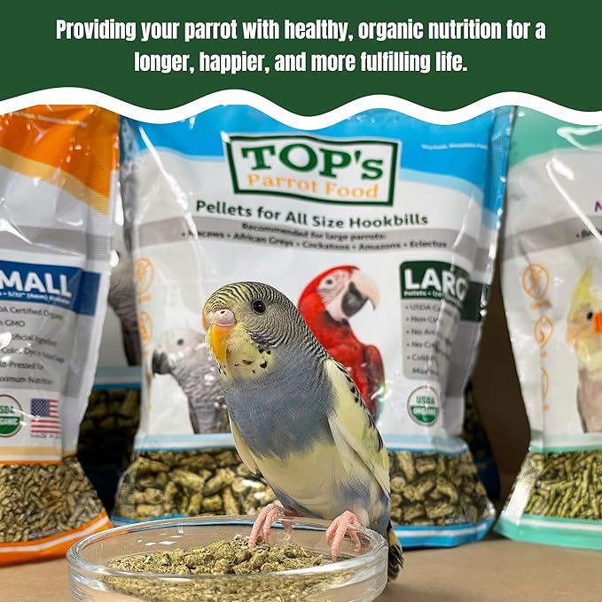 TOP's Parrot Food Bird Pellets for Small Hookbills - Non-GMO, Peanut Soy & Corn Free, USDA Organic Certified - 25 lb Bag