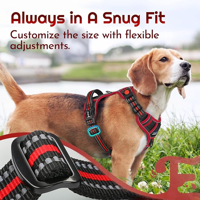 Eagloo Dog Harness Small Sized, Easy Wearing with 3 Buckles, Adjustable No Pull Pet Harness with 2 Rings for Walking, No Chock Reflective Soft Padded Vest with Control Handle, Black & Red, S