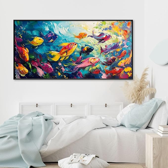 School of Fish Printed Canvas Wall Art – Framed Abstract Ocean Print – Vibrant Fish Wall Decor for Living Room, Bedroom, Office (Black Framed, 31"x15"|80x40cm)