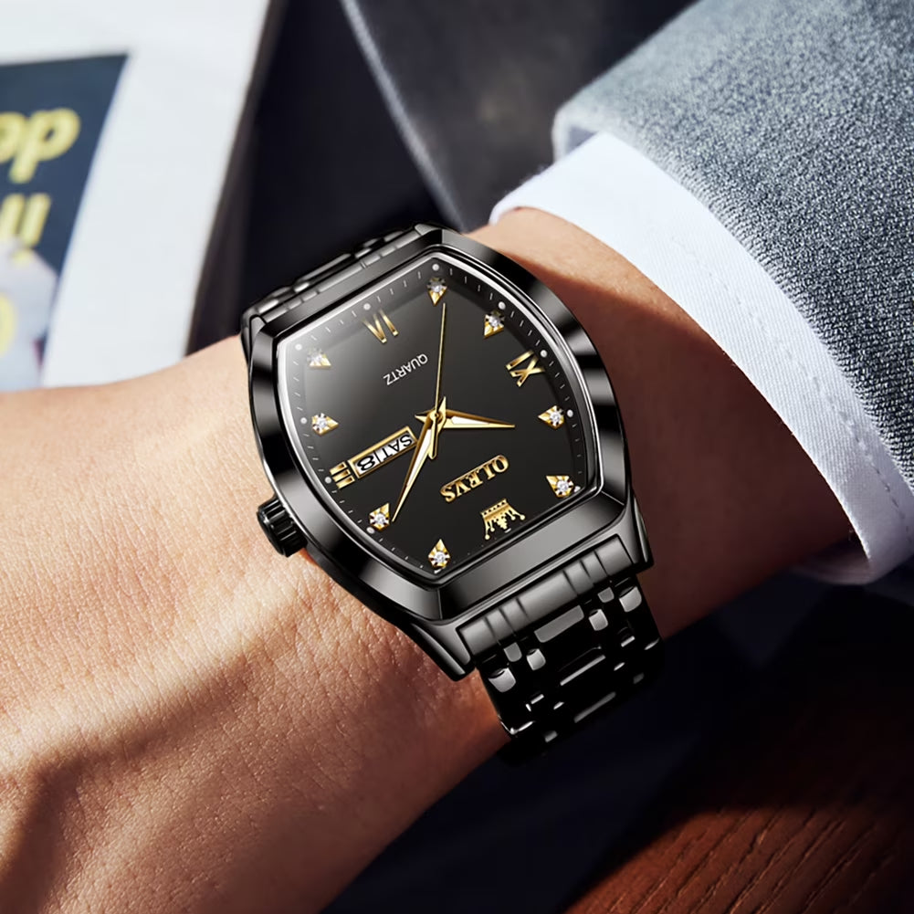 Mens Watches Square Business Dress Diamond Analog Quartz Date Luxury Watches for Men Dress Casual Stainless Steel Waterproof Luminous Mens Wrist Watches Gifts Reloj Para Hombre Gold/Black Dial
