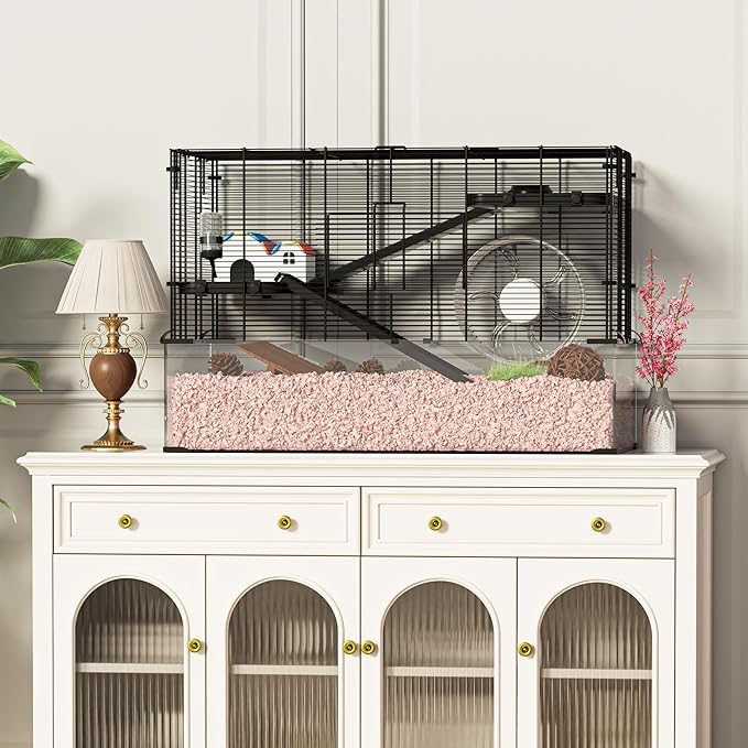3-Tier Glass Hamster Tank, Large Hamster Cage Habitat with 11inch Big Running Wheel for Rat, Mouse, Gerbil, Syrian Hamster, 590 SQ INCHES