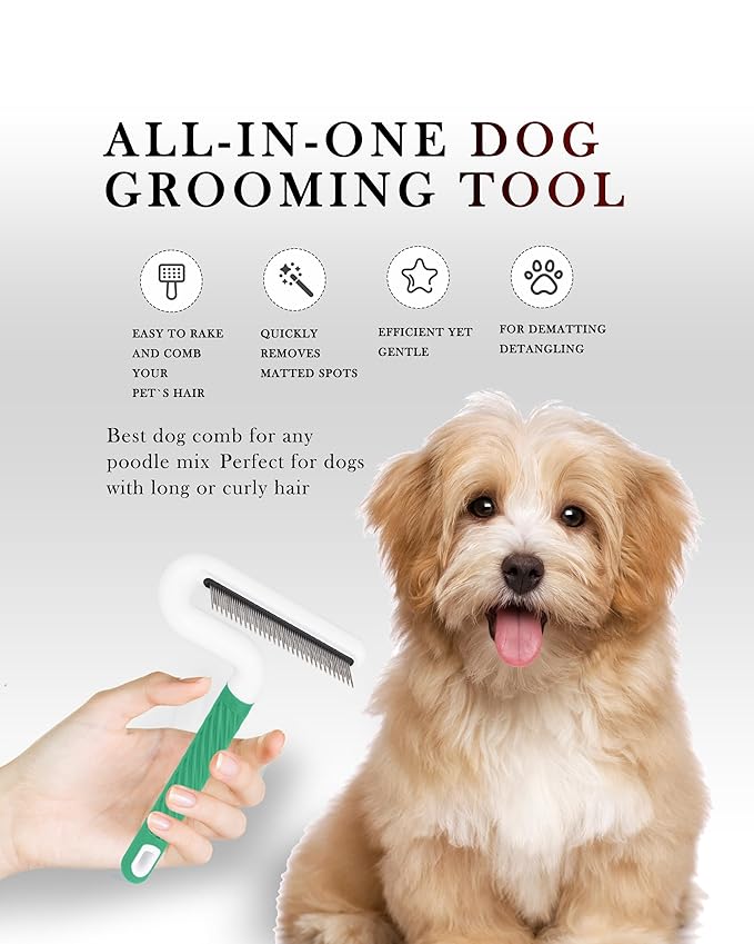 Pet Flea Comb for Dogs & Cats - Grooming Tool with Long & Short Steel Teeth, Safely Removes Tangles and Knots, Gentle Detangling Brush for Pet Hair (TG2043)(Green)