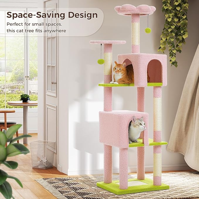 Flower Cat Tree, 62-Inch Tall Multi-Level Cat Tower with Scratching Posts for Large Indoor Cats, Plush Bed w/Padded Perches, Scratching Pad & 2 Green Pompoms, Pink