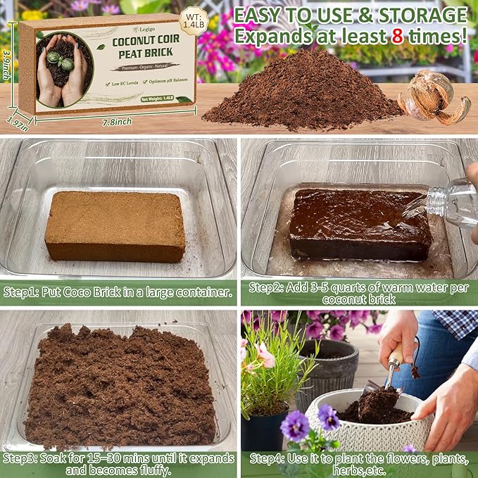 Legigo 6 Pack Premium Coco Coir Brick for Plants- 100% Organic Compressed Coconut Coir Bricks Starting Mix, Coco Coir Fiber Coconut Husk for Planting, Gardening, Potting Soil Substrate, Herbs