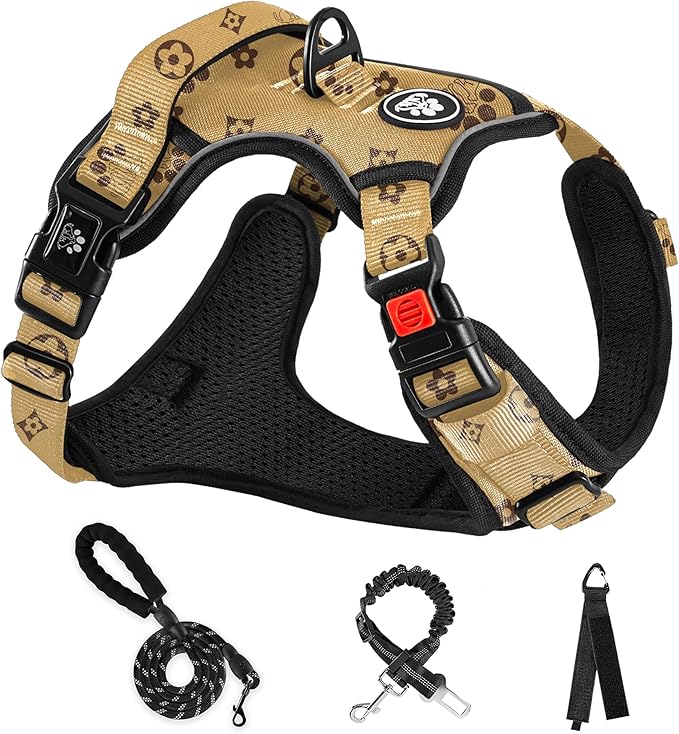 NESTROAD No Pull Dog Harness,Adjustable Oxford Dog Vest Harness with Leash,Reflective No-Choke Pet Harness with Easy Control Soft Handle for Medium Dogs(Medium,Light Brown)
