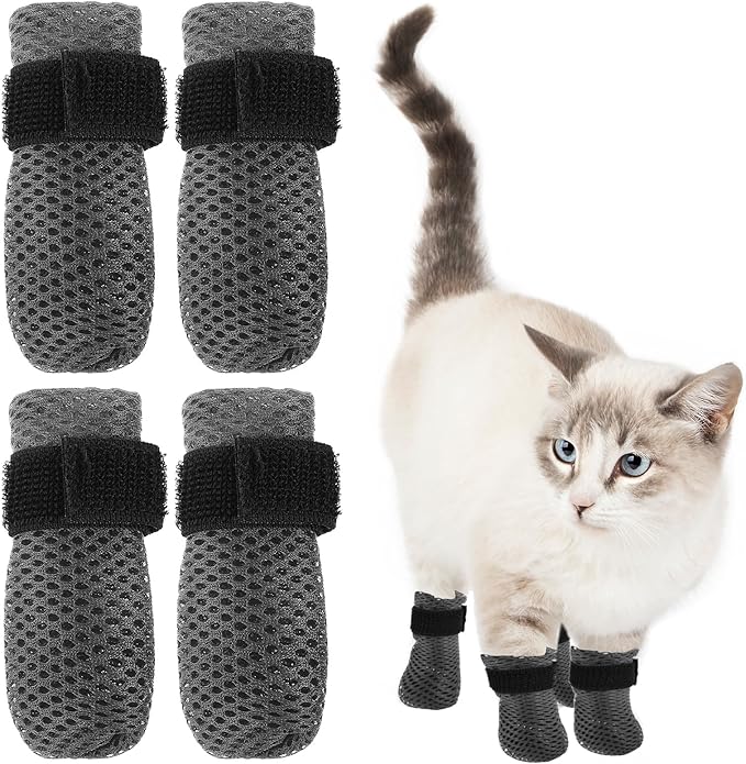 4Pcs Cat Shoes, 3.62×1.57 Inches Anti Scratch Cat Mittens, Breathable Mesh Nail Caps for Cats Claws, Adjustable Cats Claw Covers for Pet Bathing Feeding Cutting Nails(Gray)