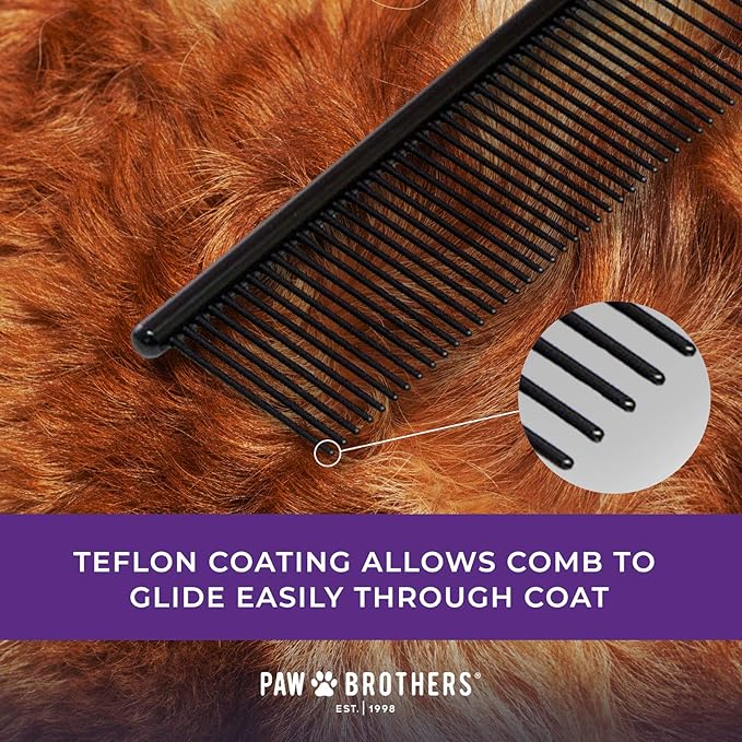 Ryan's Pet Supplies Paw Brothers Greyhound Style Teflon Comb for Dogs, Professional Grade, True Teflon, Fine/Medium, Ergonomic Handle, 7.5 in.
