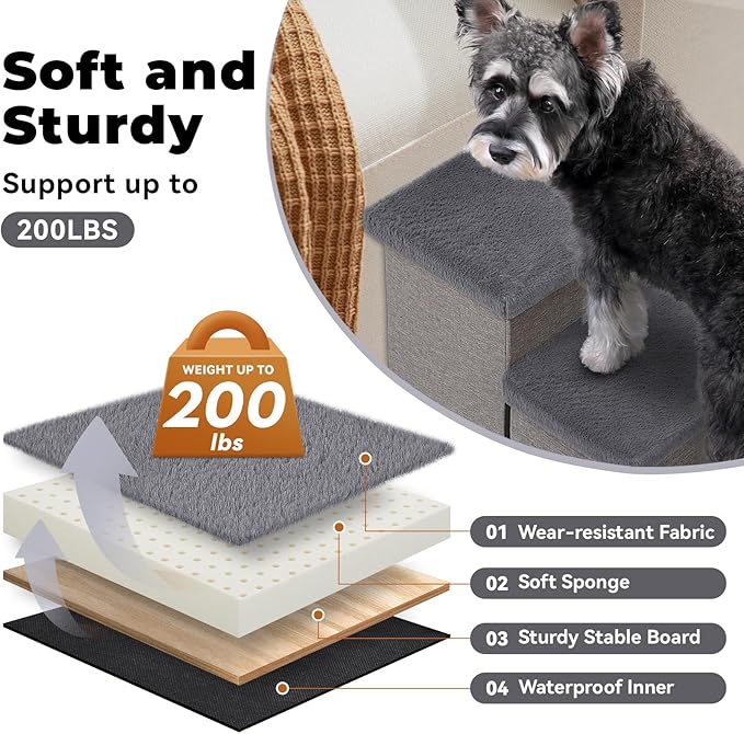 Dog Stairs with Furry Lids 18" H, 3-Step Wider Dog Steps with Storage for Small/Medium/Large Old Dogs Cats, Folding Sturdy Pet Stairs Climbing Bed Couch, Ramp for Car Hold Up to 200 lbs, Grey