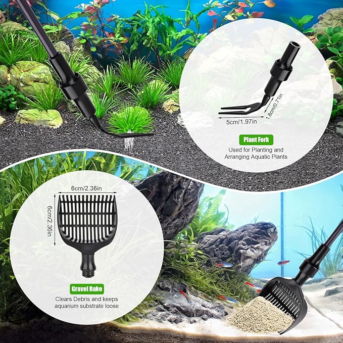AQQA Aquarium Cleaning Tools Multifunctional 6-in-1 Fish Tank Cleaning Kits with Telesopic Handle Alage Scraper Sponge Scrubber Stiff Brush Plant Fork Gravel Rake Fish Net