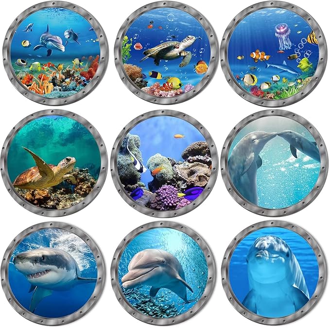 9PCS Ocean Animals World Under Sea Decor Sea Turtles Dolphins Fishes Sharks Coral Removable 3D Peel and Stick Vinyl Stickers