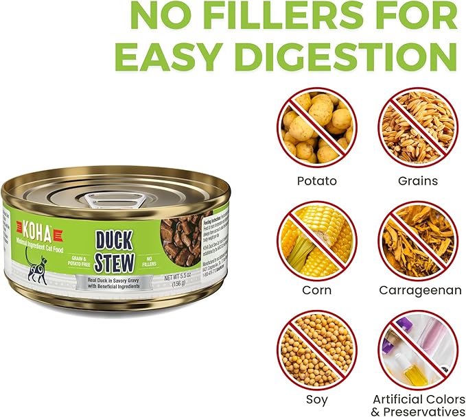 KOHA Minimal Ingredient Duck Stew for Cats, High Protein Limited Ingredient Wet Cat Food, 5.5oz Cans (Case of 24)