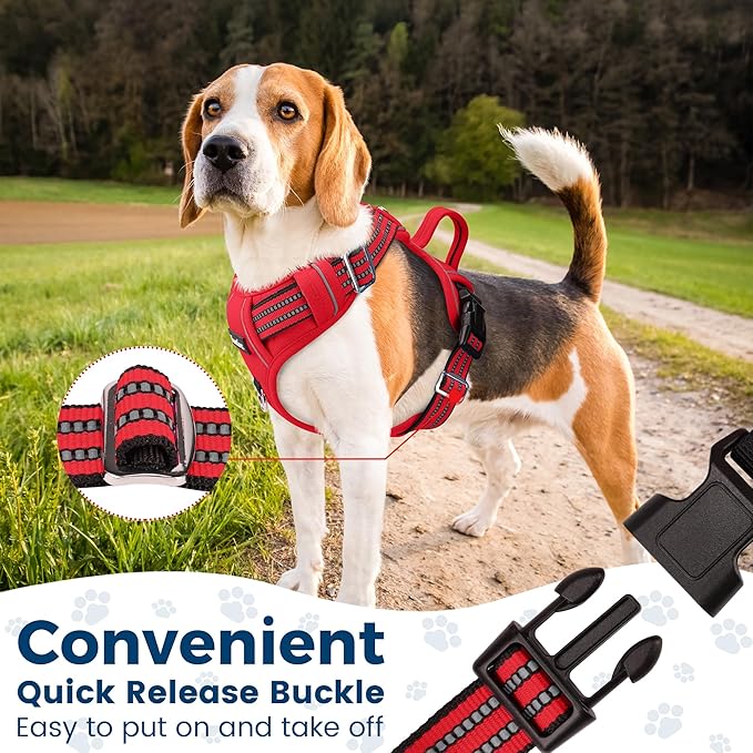 Funfox Dog Harness No Pull, Adjustable Pet Vest Harness, Super Soft Material with Vertical Handle Easy Control, Reflective Night Walking, 2 Leash Clips for XLarge Dogs, Red, XL