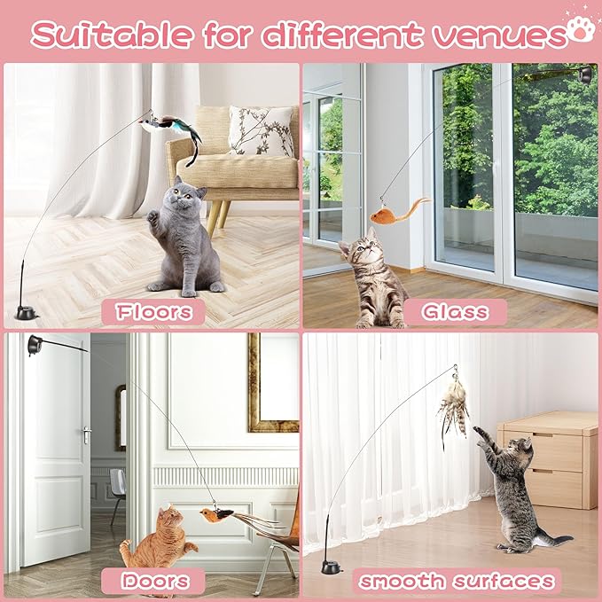 Interactive Bird Simulation Cat Toy Set,Cat Wand Toys,Wand Self-Holding Suction Cups Base,Include Detachable 6 Pcs Replacements Feathers Toys