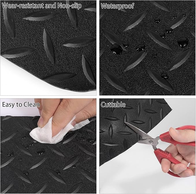 Boshen 5Ft x 12Ft Rubber Flooring Mats 1.6mm Diamond Plate Flooring Roll 60sqft Rubber Trailer Garage Floor Mats Non-Slip Floor Protector Mat for Garage Warehouse Gym Basement-Black