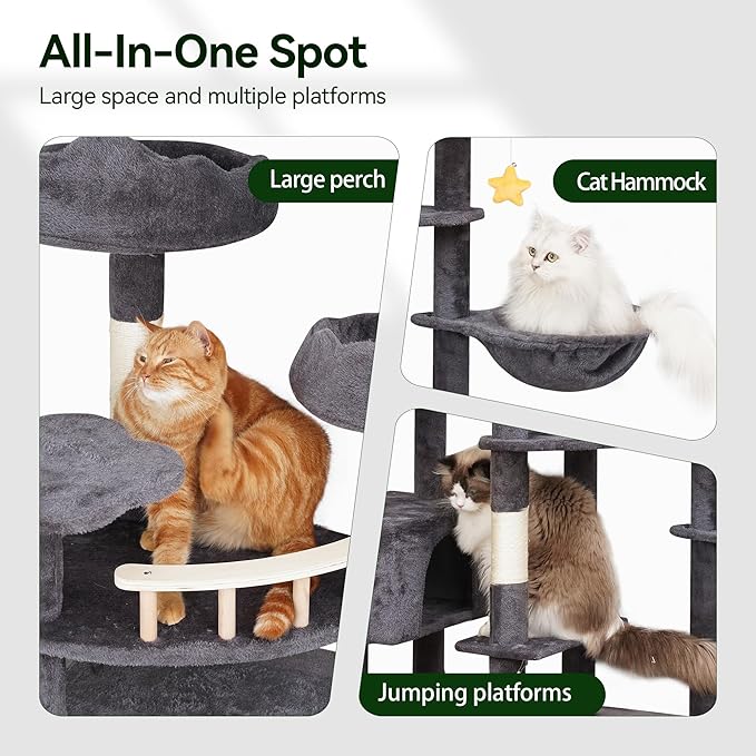 85in Giant Cat Tree for Heavy Duty Big Cats, Large Cat Trees with Scratching Post, Cat Tree Tower with Cat Condos, Hammock & Plush Perch for Maine Coon, Smoky Gray