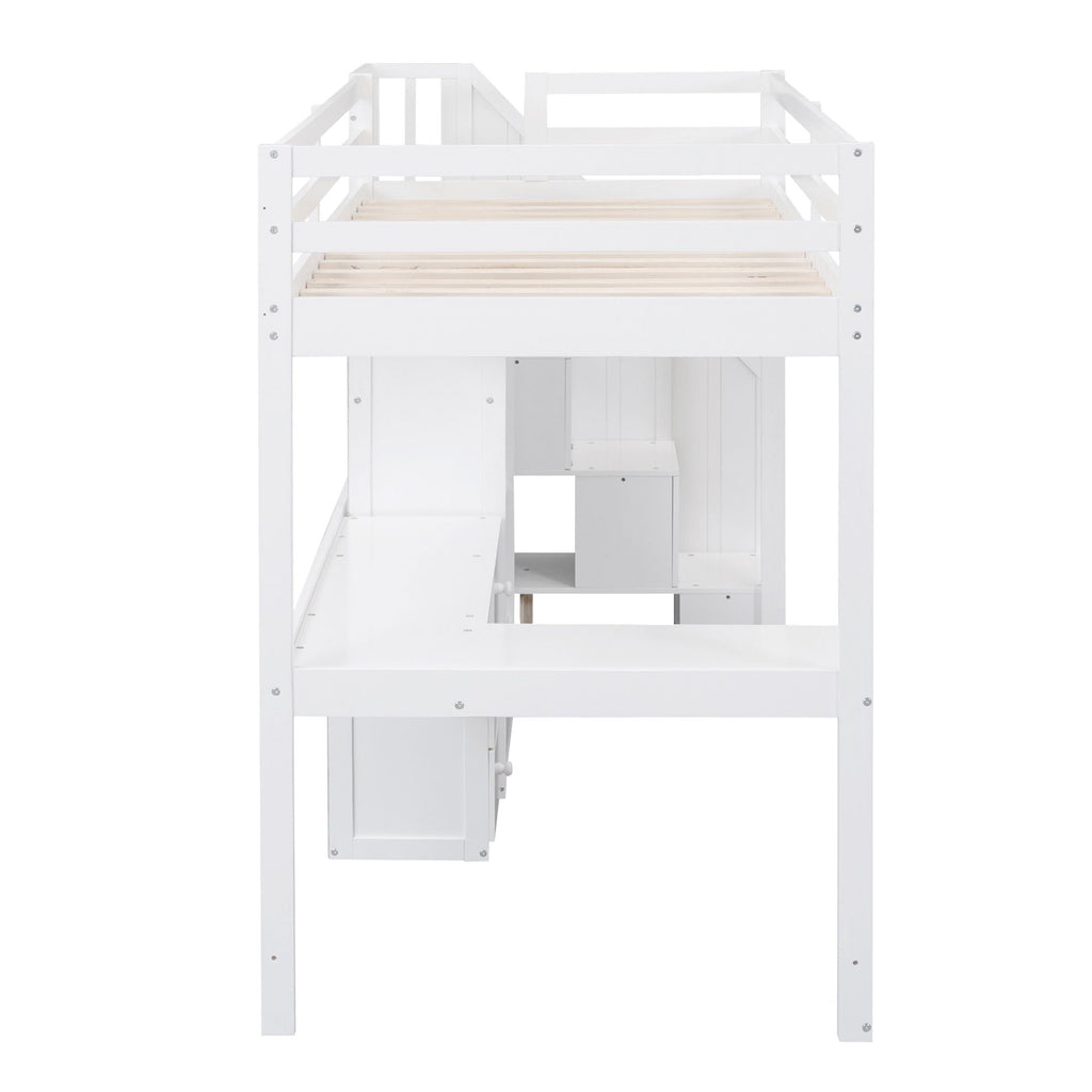 Loft Bed With L Shaped Desk, Drawers, Cabinet, And Storage Staircase
