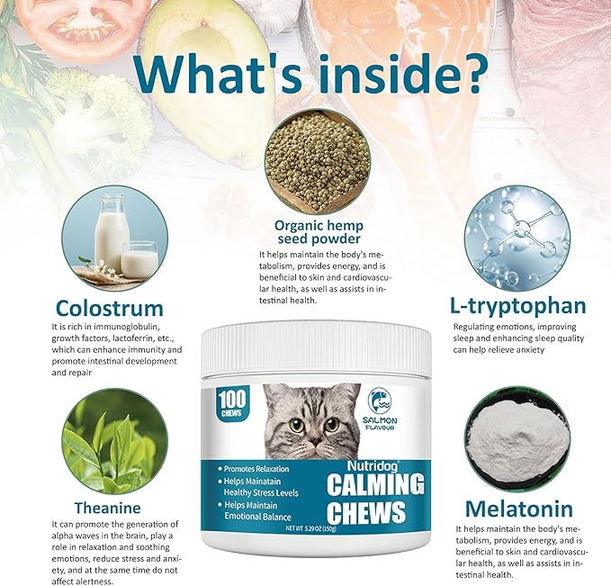 Cat Calming Treats - 100 Count Salmon Chews with Organic Chamomile & Ginger, Stress Relief Supplement for Separation Anxiety, Vet Visits & Thunderstorms (Salmon)