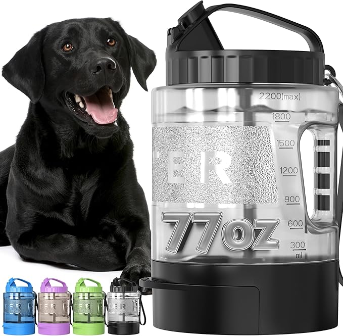 Dog Water Bottle Travel Bowl, 77oz Large Portable Dog Water Bowl Dispenser, Leakproof Pet Drinking Bottle Dispenser for Hiking Camping Walking Travelling Beach Car Trips, BPA Free, Black