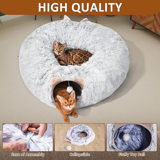 Cat Tunnel with Cat Bed for Indoor Cats, Under Christmas Tree Soft Plush Peekaboo Cat Cave Donut Tunnel, Multifunctional Playground Toys Hideplace for Kittens, Rabbit, Ferret (Grey)