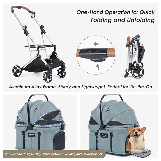 T3 Pro 3-in-1 Small Pet Stroller for Dog & Cats, 4 Wheels with Detachable Carrier with Pad, Canopy and Cup Holder, Green