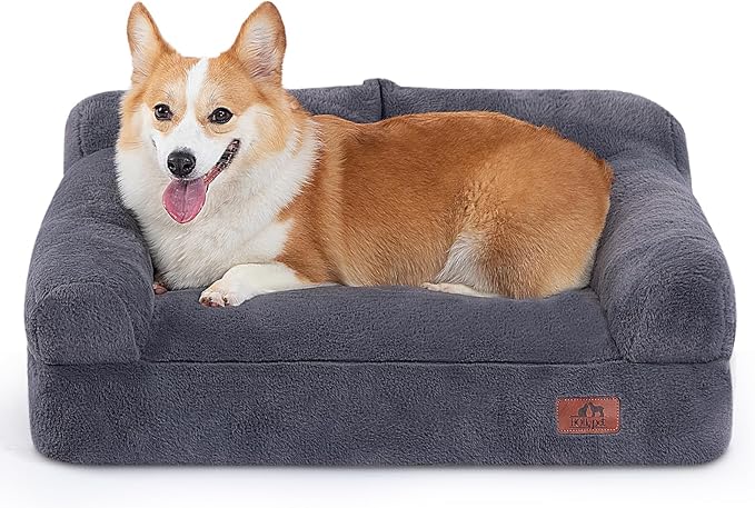 Hollypet Fluffy Plush Dog Cat Pet Couch Soft Calming Sofa Bed for Medium Small Cats and Dogs, Gray, M