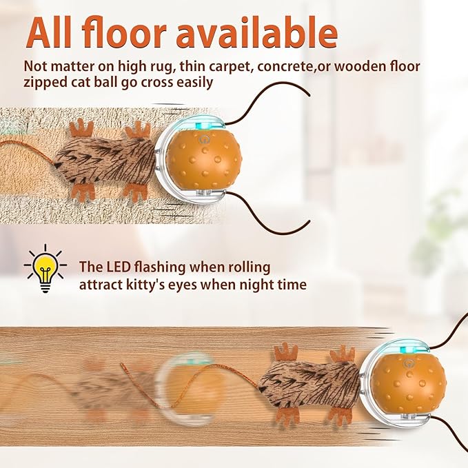 Interactive Cat Toys Ball Mouse Chirping Game Motion Activated Play Cat Ball Fast Rolling on Carpet, for High Energy Kittens