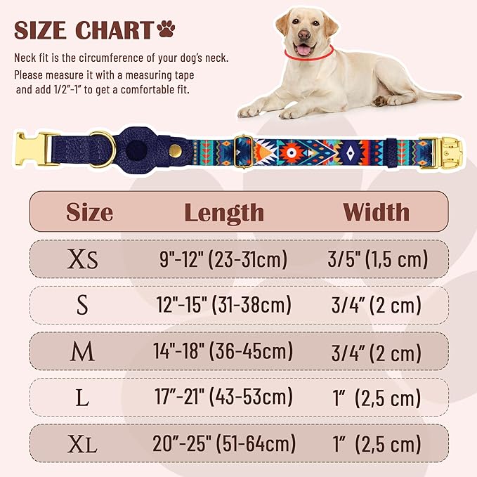 AirTag Dog Collar for Small Medium Large Breed - Adjustable Cute Pattern Dog Collar with Airtag Holder - Soft Leather Tracker GPS Apple Air Tag Pet Collars (X-Large, 20"-25" Neck Fit, Navajo)