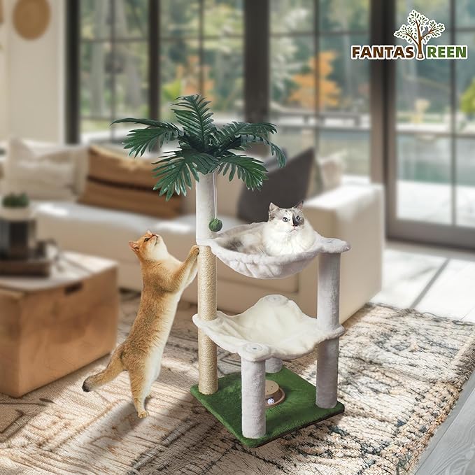 Cat Scratching Post 40 Inches Small Cat Tree Tower with Two Hammock, Double Hammock with Cat Toy Wooden Interactive, Cat Condo for Kitten and Adults Cat