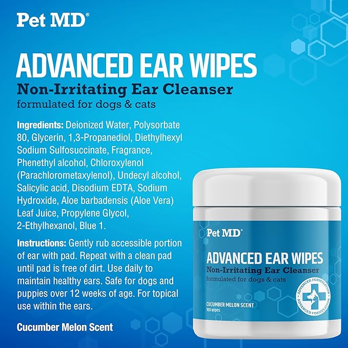 Pet MD Cat and Dog Ear Cleaner Wipes - Advanced Otic Veterinary Ear Cleaner Formula - Dog Ear Infection Treatment - 100 Count