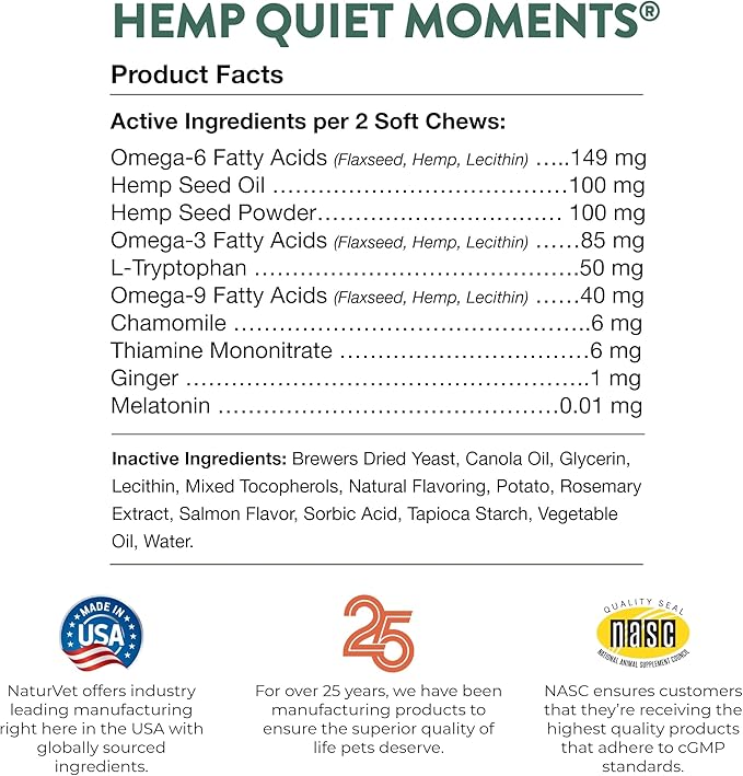 NaturVet Hemp Quiet Moments Plus Hemp Seed for Cats, 60 ct Soft Chews, Made in USA