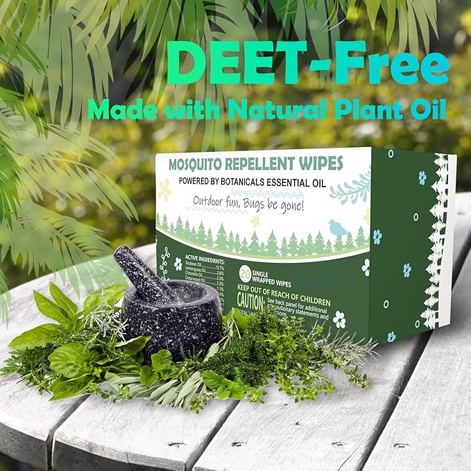 Natural Mosquito Repellent Wipes, DEET Free Insect & Bug Repellent Wipes, Easy to Use, Long Lasting, Travel Sized