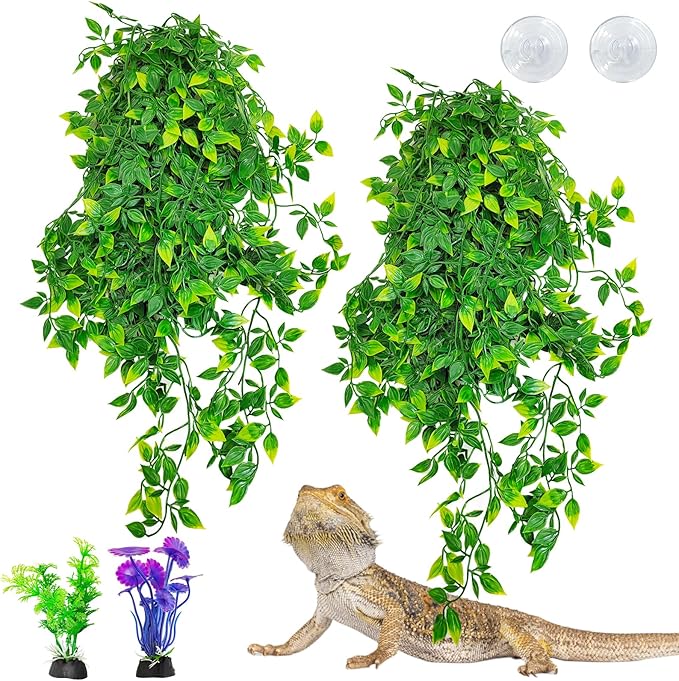 Hamiledyi Reptile Plants, 2 Pack Hanging Terrarium Plants Vines, Fake Amphibian Plants, Artificial Leaves Habitat Decorations with Suction Cup for Bearded Dragon Lizard Geckos Chameleon