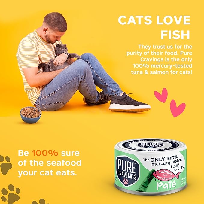 Salmon and Mackerel Pate, Canned Wet Cat Food, 100% Mercury-Tested, Moist Can Fish, Grain-Free Protein, Non-GMO, 12 Pack