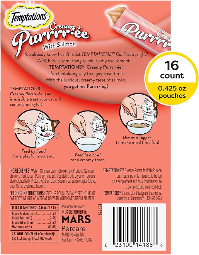 Temptations Creamy Puree Squeezable Lickable Wet Cat Treats with Salmon, 0.42 oz. Tubes, 16 Count