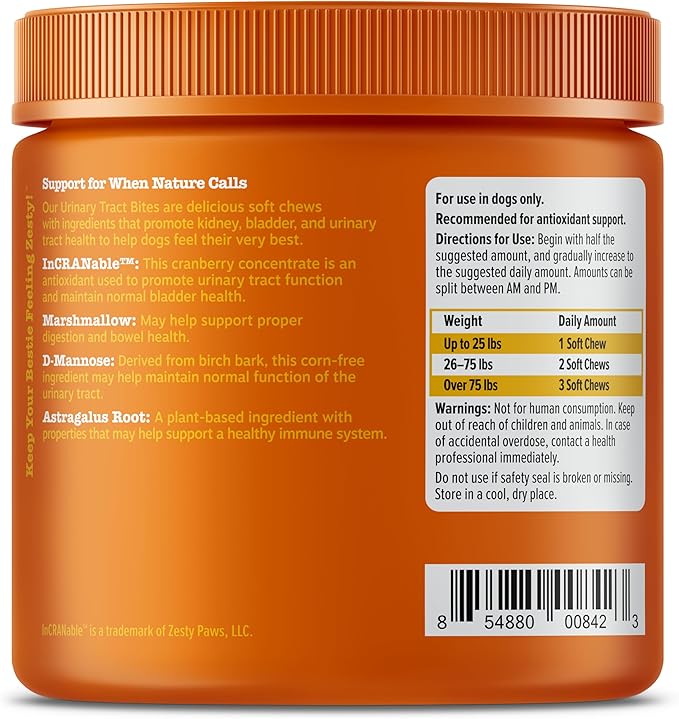 Zesty Paws Cranberry Supplement for Dogs - Bladder Control for Dogs - Urinary Tract Support - Cranberry Chews with D-Mannose, Vitamin B6 & L-Arginine - Immune & Gut Support - Bacon - 90 Count