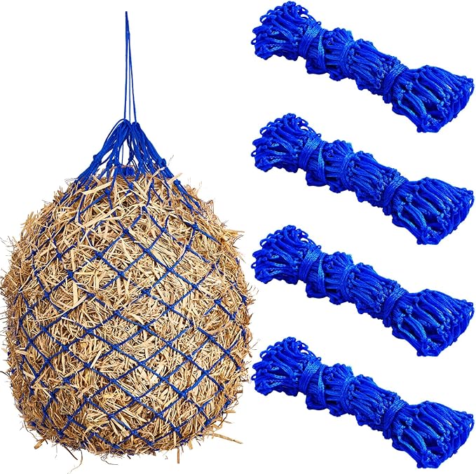 Fabbay 4 Pcs Slow Feed Hay Net Feeder Hay Bag for Horses Slow Feeder 40 Inch Length with 2 Inch Holes Hanging Horse Feed Net for Goat Cattle Equine Stalls Barn Supplies(Blue)