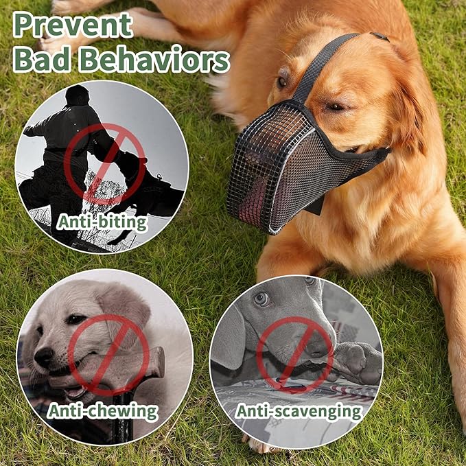 Mayerzon Dog Muzzle, Patented Mesh Muzzle with Panting Room for Large Medium Small Sized Dogs, Soft Mouth Guard to Prevent Biting Eating for Grooming Vet Visit Walking, Reflective and Full Covered