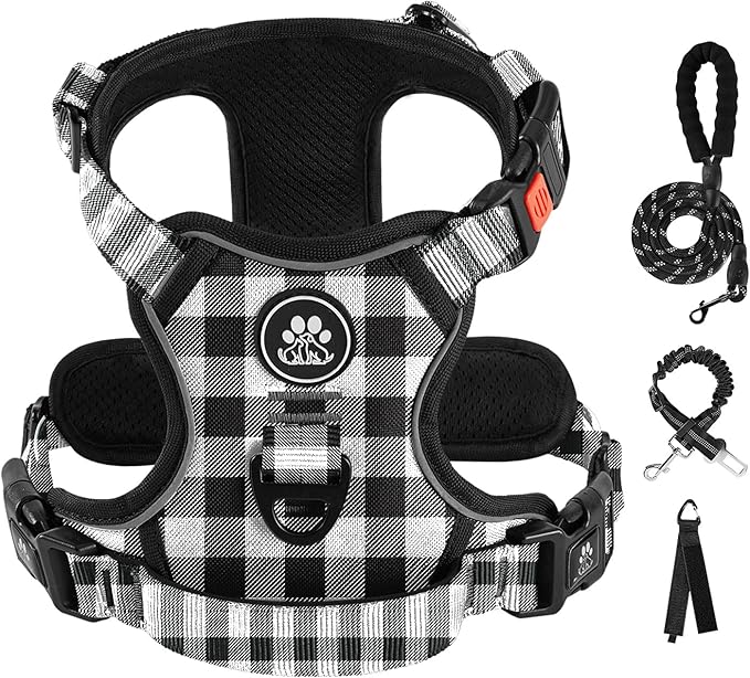 IVY&LANE No Pull Dog Harness with Leash Set, Reflective No Choke Pet Vest,Adjustable Oxford Dog Vest Harness with Easy Control Handle for Large Dogs (Checkered Black,L)